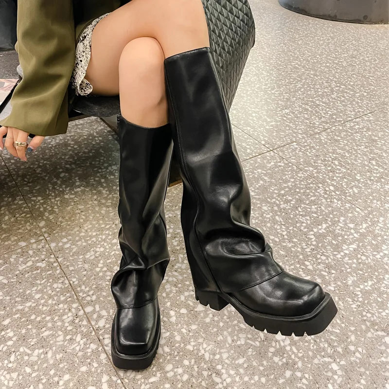 

Women Black Long Boots Side Zipper Square Toe Shoes Street Style Knight Boots Thick Heel Platform Shoes Woman