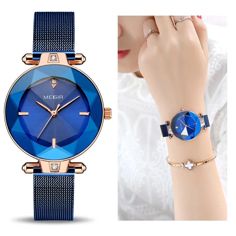 MEGIR роскошные женские часы Reloj Mujer синие сетчатые из нержавеющей стали элегантные