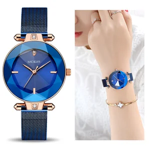 MEGIR роскошные женские часы Reloj Mujer синие сетчатые часы из нержавеющей стали элегантные женские часы-браслет женские часы