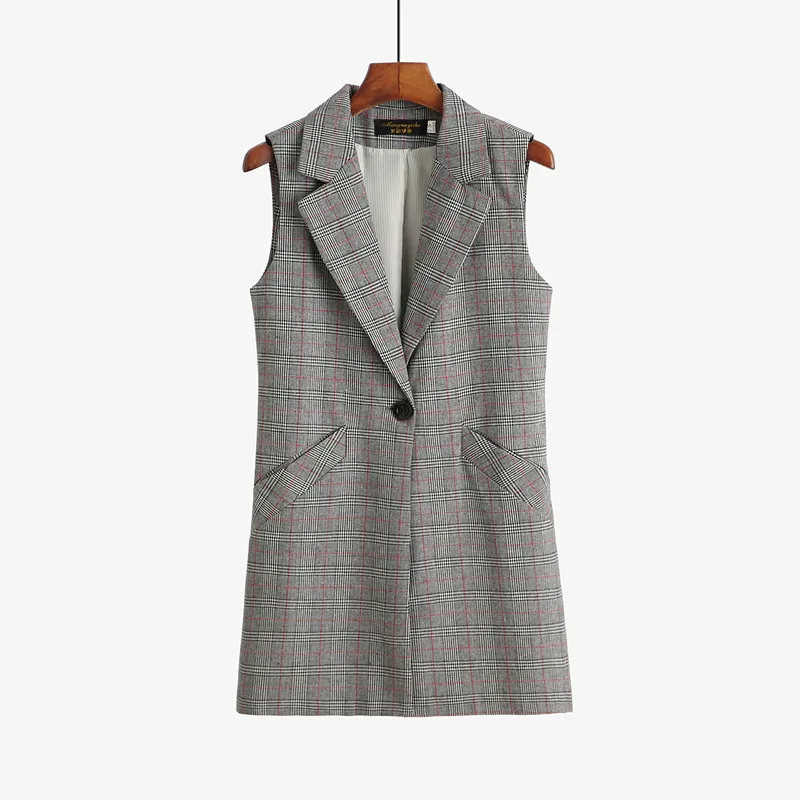 

New Women Medium Long Gray Plaid Vest Korea Slim Sleeveless Coats Single Button Waistcoat Spring Autumn All Match Jacket S-3XL