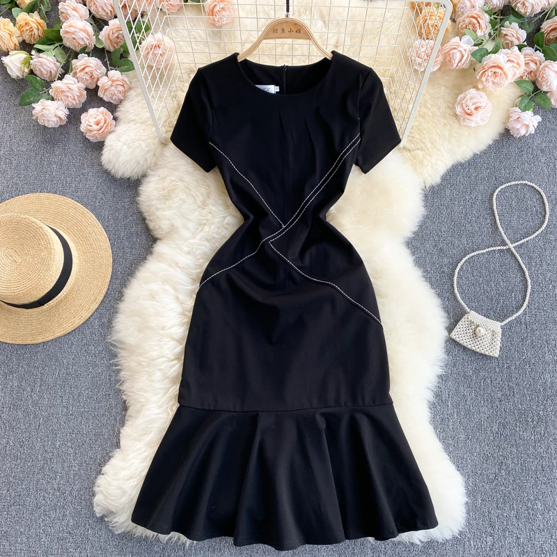 

Летние женские вечерние платья в Корейском стиле Повседневная Стиль с круглым вырезом, простые линии с оборками с коротким рукавом платье Н...