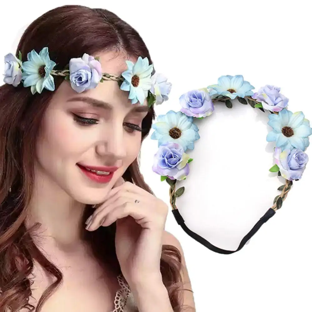 

Fashion Women Bride Flowers Headband Bohemian Style Rose Flower Crown Hairband Beach Headwear New Fashion 2021
