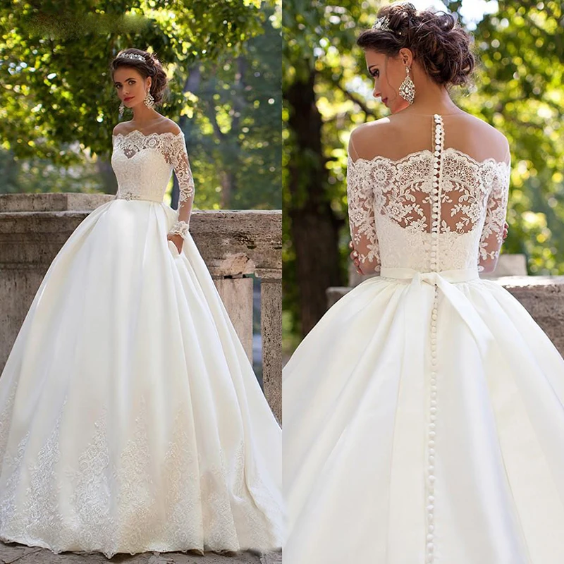 

Satin Princess Wedding Dress Appliques Lace Ball Dress Bridal Gown Long Sleeves Formal Party Plus Size Vestido de Noiva