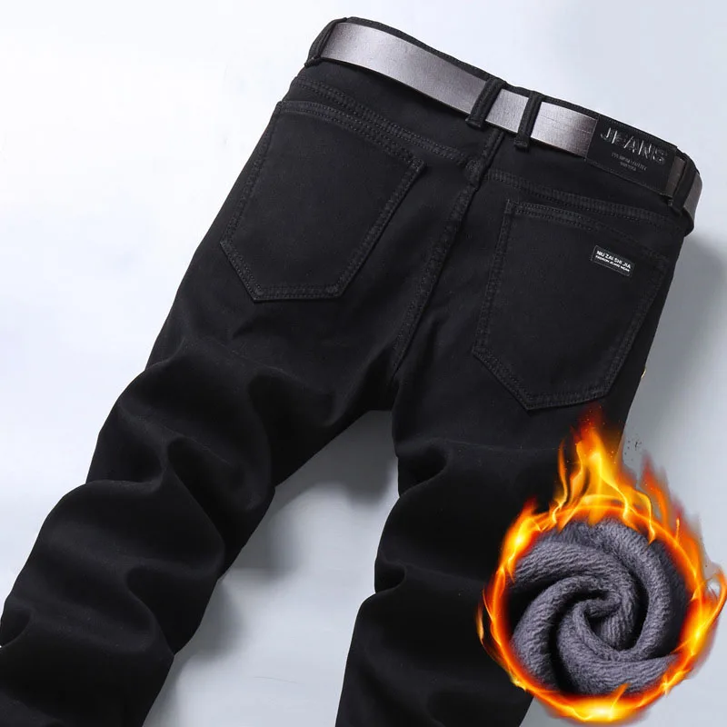 Модные зимние джинсы мужские черные облегающие эластичные плотные бархатные