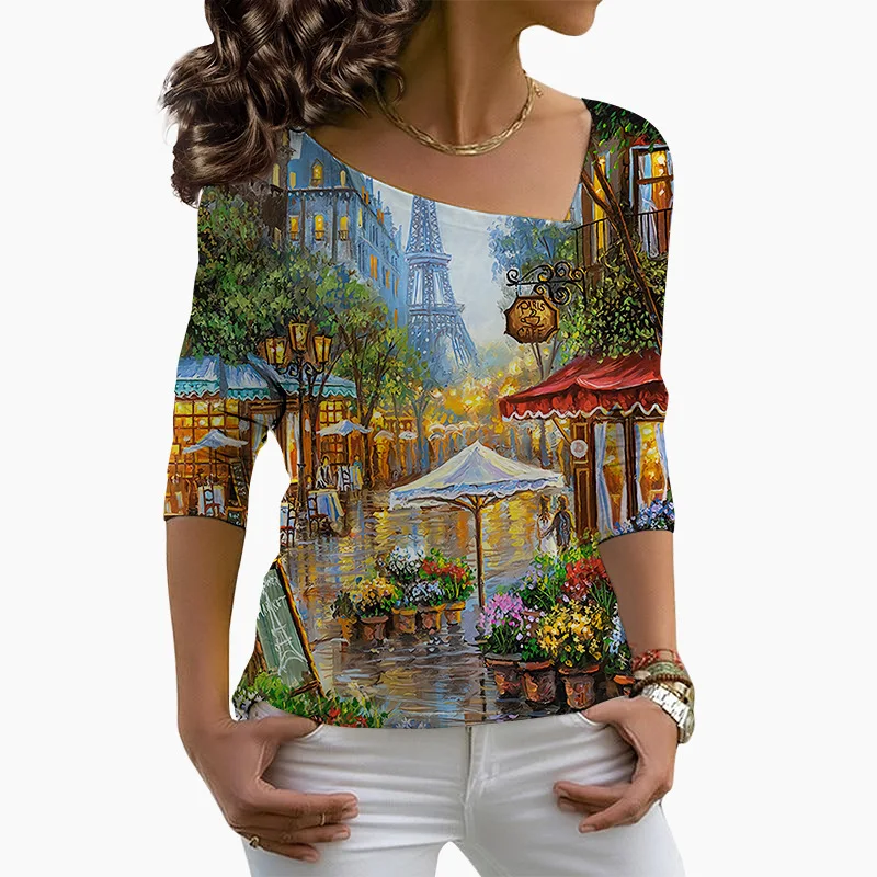 

3D Painting Women Floral Print T Shirt Long Sleeve Fashion Tops Ladies Casual Diagonal Collar Pullover Female Tee Spring Clothes