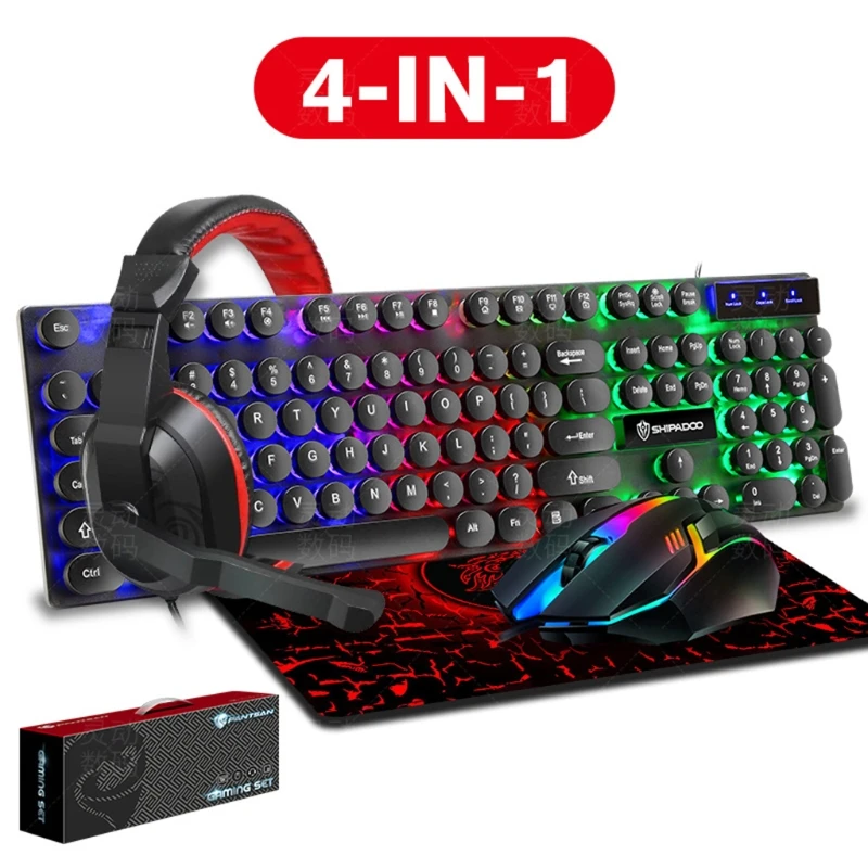 

4 in1 Keyboards Gaming Mouse & RGB Headphones Wired Mechanical Keyboard Mouse Headset with Microphone Kit for Laptop Computer PC