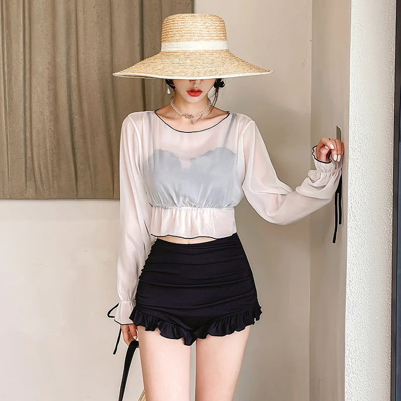 

Flounce Bikini Set Sexy Push Up Swimwear Pad High Waist Biquinis White Mesh Covers Two Pieces Swimsuit Summer Beach Wear