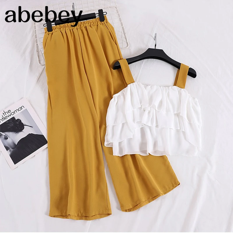 

Summer Women 2pcs Set Elegant White Cascading Ruffle Vest + Wide Leg Elastic High Waist Pants Female Two Piece Set Suit New