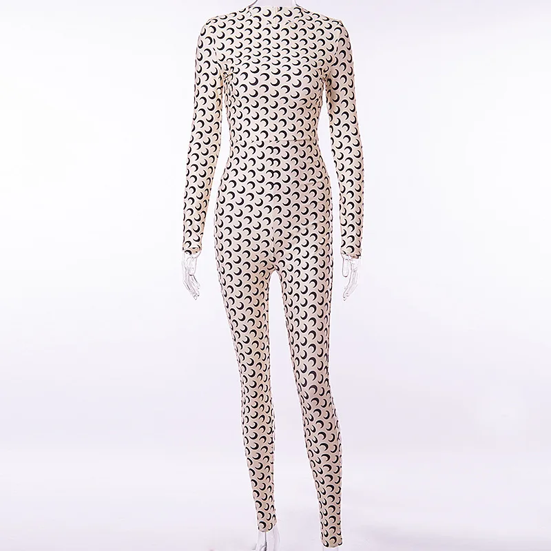 Облегающий комбинезон зимний с длинными рукавами женский белый принтом Луны