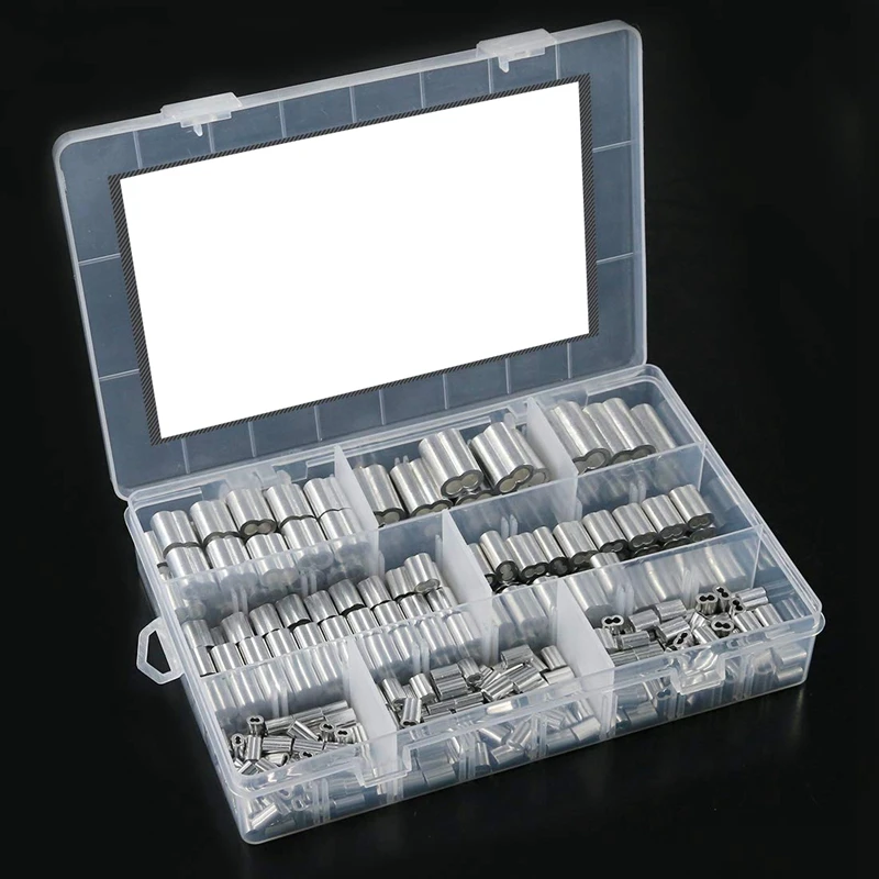 

315Pcs 8 Sizes Aluminum Crimping Loop Sleeve Double Barrel Ferrule for Wire Rope and Cable Line End ortment Kit