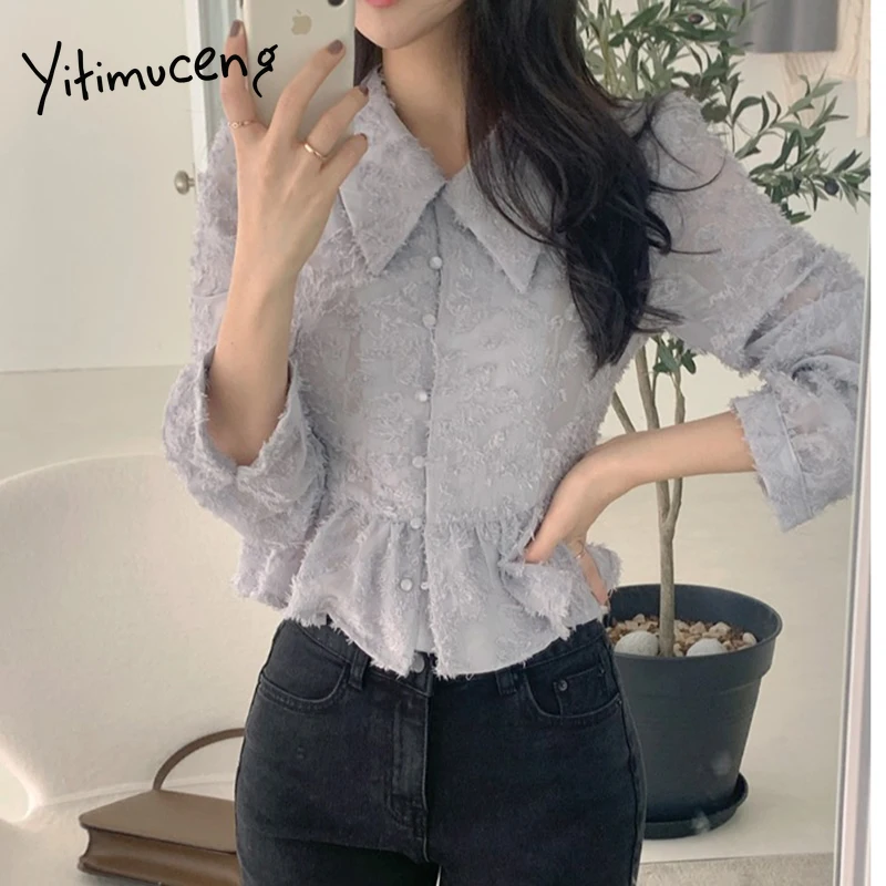 Yitimuceng Lace Chiffon Blouse Women Button Up Shirts Office Lady Long Sleeve Blue 2021 Spring Summer French Fashion New Tops