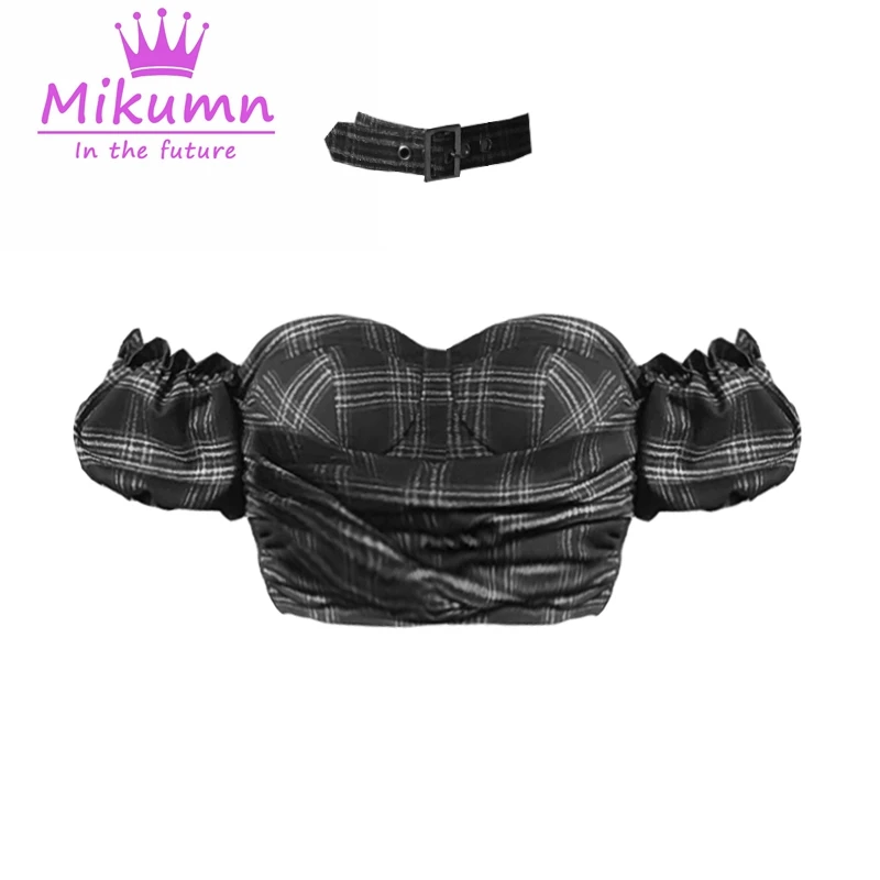 Женский Готический корсет в шотландскую клетку черно-серый укороченный с