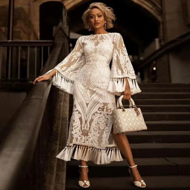

2021 New Women's Banquet Clothing Style Embroidery Lace Fringed Solid Color Trumpet Sleeve Fashion Ladies A-line Skirt WE152