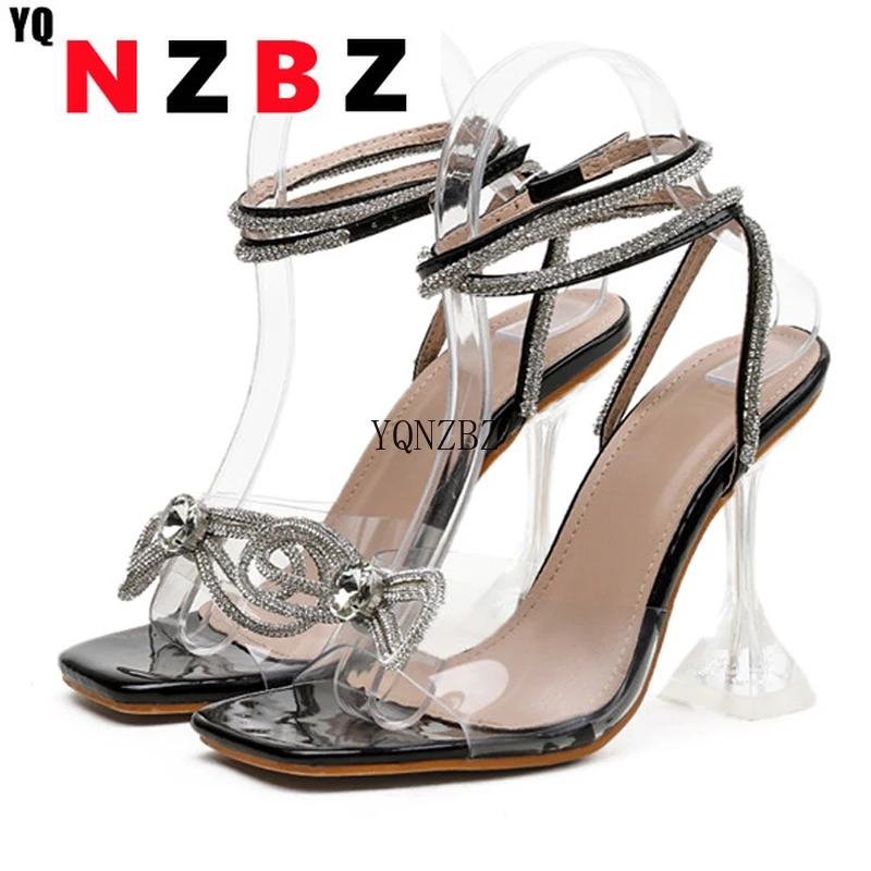 

YQNZBZ Size 35-42 Rhinestone Bowtie Spike Heel Women's Sandals Square toe Narrow Band Strap High Heels Sandals Summer Women