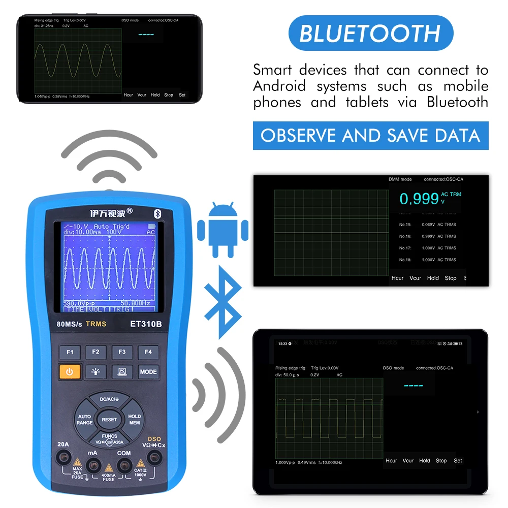 ET310B Bluetooth осциллограф мультиметр подключения телефона 2in1 Ручной цифровой