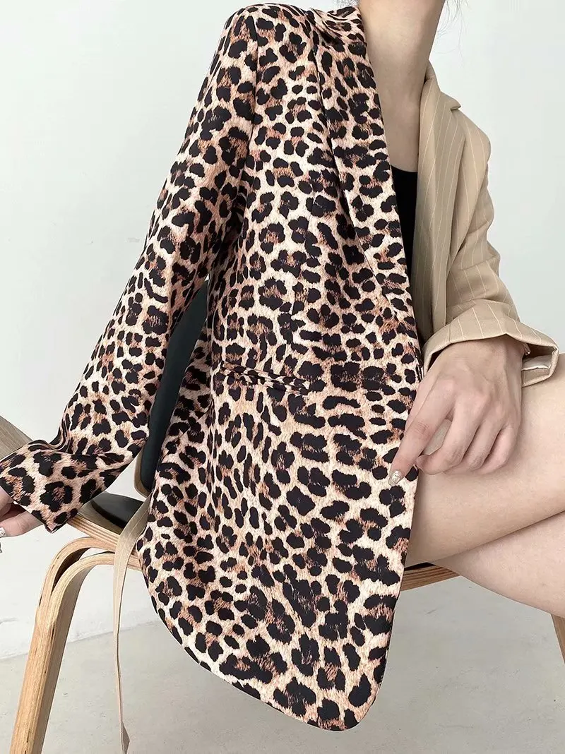 

TMODA374 Za Women Oversized Animal Leopard Patchwork Wrap Blazer with Belt Elegant Contrast Fashion Jacket Fall Ladies Coat