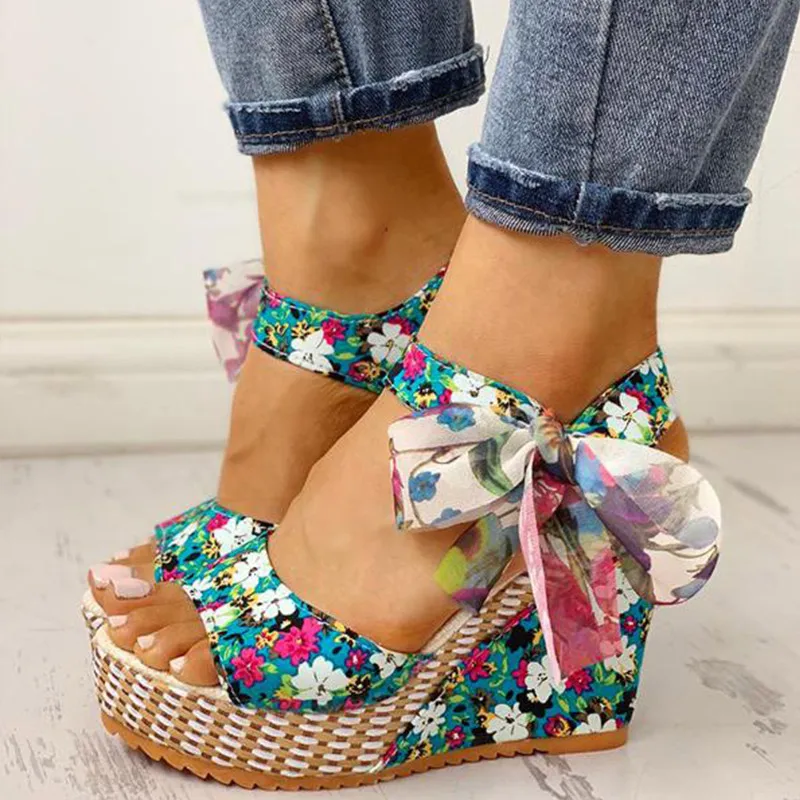 

Women Summer Wedge Sandals Female Open Toe Floral Bowknot Platform Bohemia High Heel Sandal Fashion Ankle Strap Ladies Shoes
