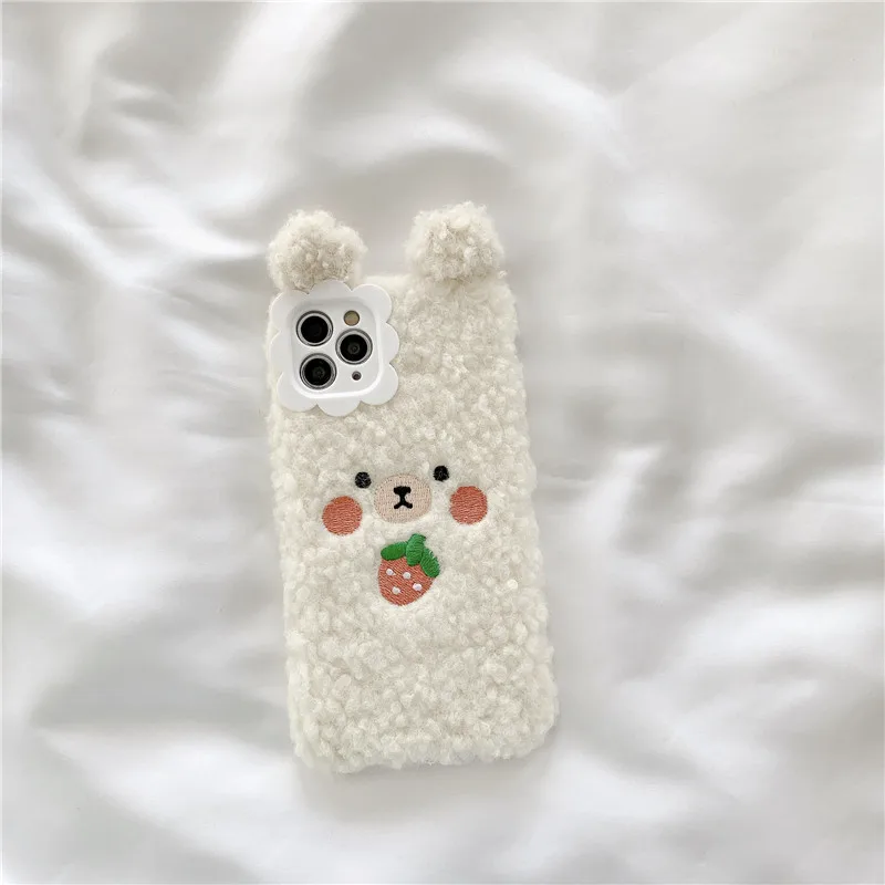 

Fashion White strawberry bunny plush phone case for iPhone11 12Pro Max mini X XR XSMax 8 7PluS anti-fall protective back cover