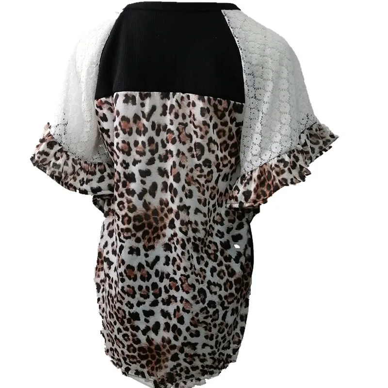 

2021 Women's Clothing Hot Fashion Leopard Print Lace Raglan Sleeve T-shirt Twist Knot Irregular woman tshirts