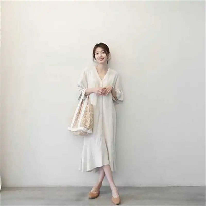 

Chic Sleeve Womens Ruffle Oversize Long Solid Dresses V-neck Loose Med Dress