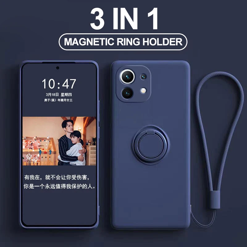 

Чехол для Mi 11 Mi11 Lite про ультра, жидкий силиконовый чехол с магнитным кольцом и подставкой, мягкий обложка для сяоми Mi 11, Mi11 лайт, Mi11lite, 5G про ультра