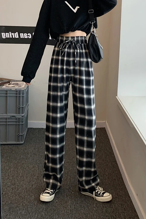 

Korean Style Summer Women Casual Loose Plaid Elastic Waist Wide Leg Pants Fashion High Waist Harajuku Long Pants