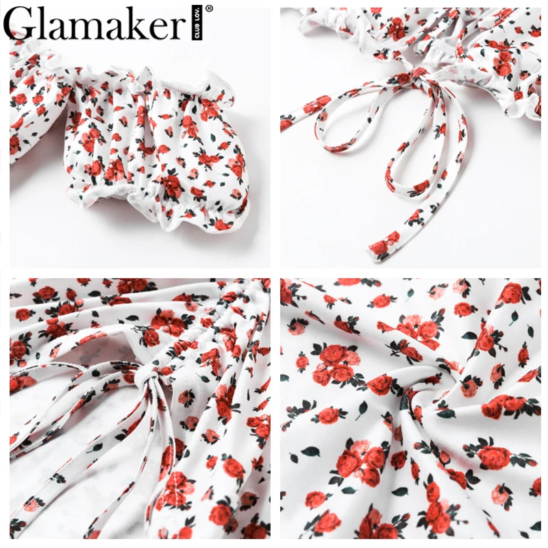 Женское мини платье с оборками Glamaker летнее плиссированное открытыми плечами