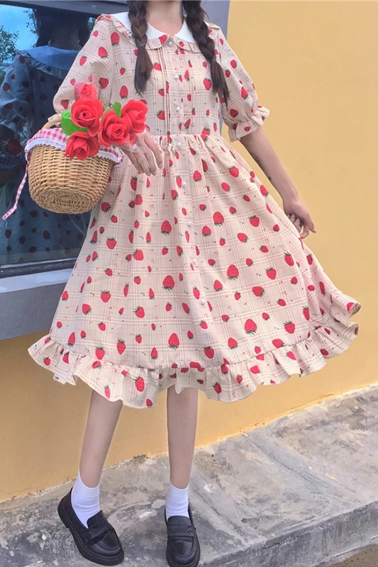

Skirt Women's Summer Japanese-Style Sweet Doll Collar Strawberry Printed Short-Sleeved Loose-Fit Slim-Fit Buckle Ruffle Dress