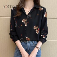 floral printed shirts women black loose blouses female 2021 long sleeve single breasted office lady tops femme blusas clothings