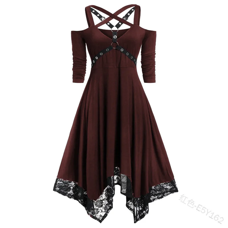 Женское платье в стиле панк однотонное большого размера с кружевной отделкой на