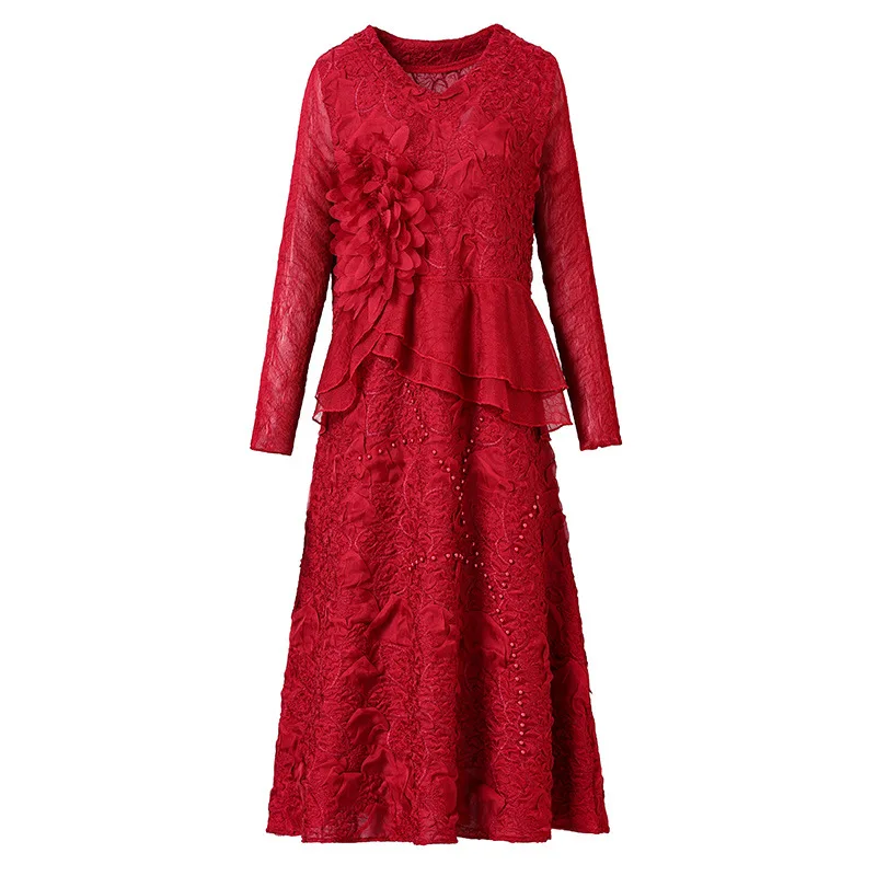 

Middle Aged And Elderly Mothers' New Autumn And Winter Red Dress Foreign Style Age Reducing Women's Dress
