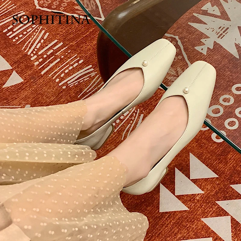 

SOPHITINA элегантная кожаная обувь на плоской подошве; Большие размеры жемчугом квадратный носок низкий каблук; Закрытый носок; Обувь из термоп...