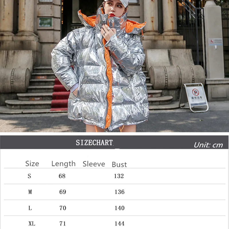 

2020 Women's Winter Silver Metal Jacket Large Size Outdoor Trekking Camping Cycling Skiing Loose Warm Hooded Padded Bubble Coat