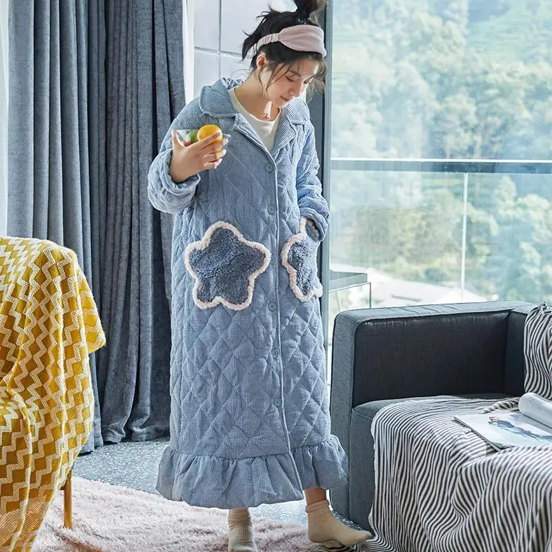Nightgown for Women's Three-layer Quilted Thickening Plus Velvet Nightwear Autumn Winter Coral Fleece Nightdress Warm Bathrobe