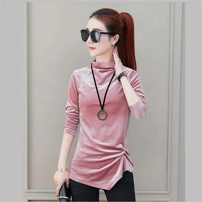 Новая весенняя Женская Асимметричная велюровая рубашка с высоким воротником