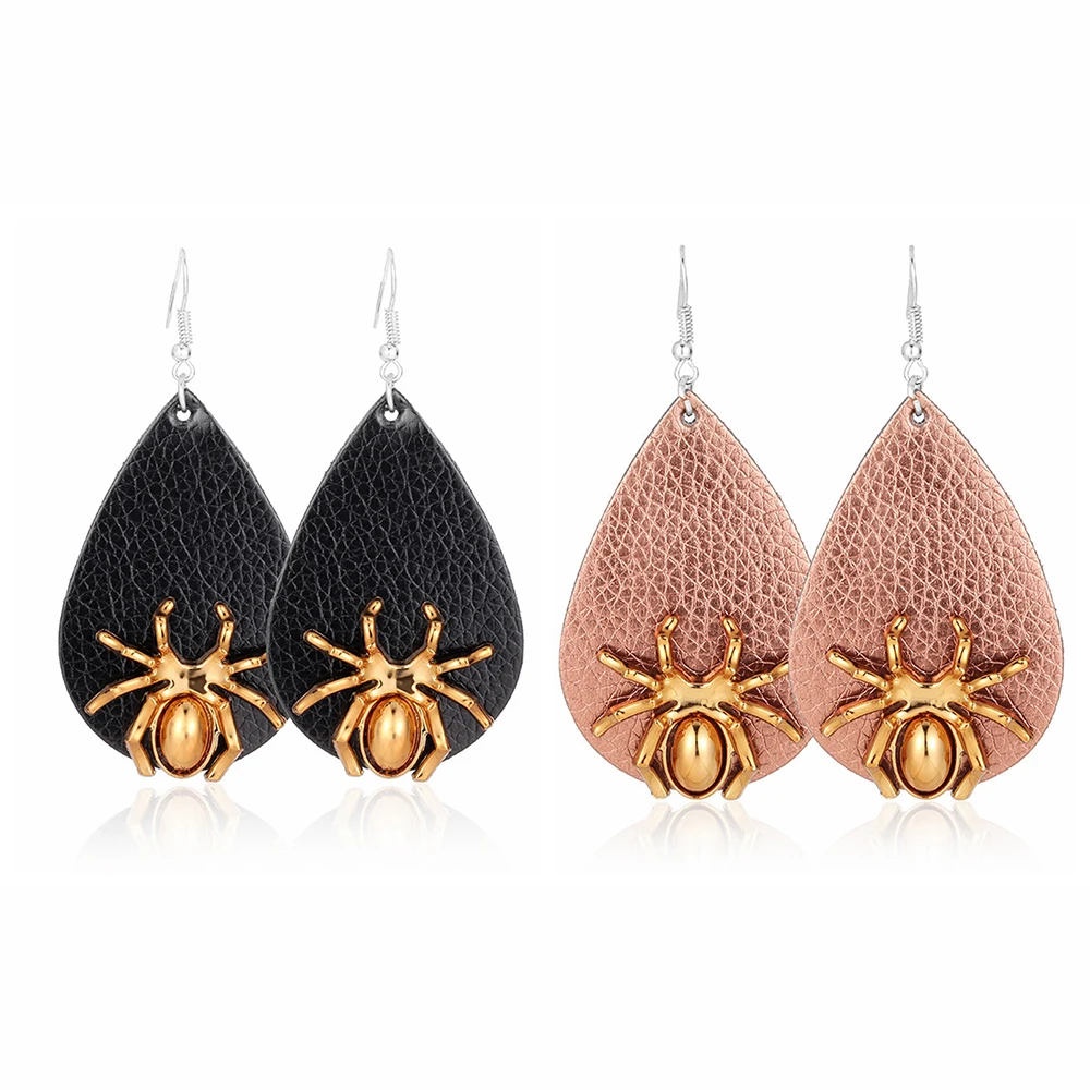 

QIMOSHI Gold Spider Leather Earrings for women Girl Waterdrop Tear Faux Resin Valentine's gift Hawlloween Drop Dangle Earring