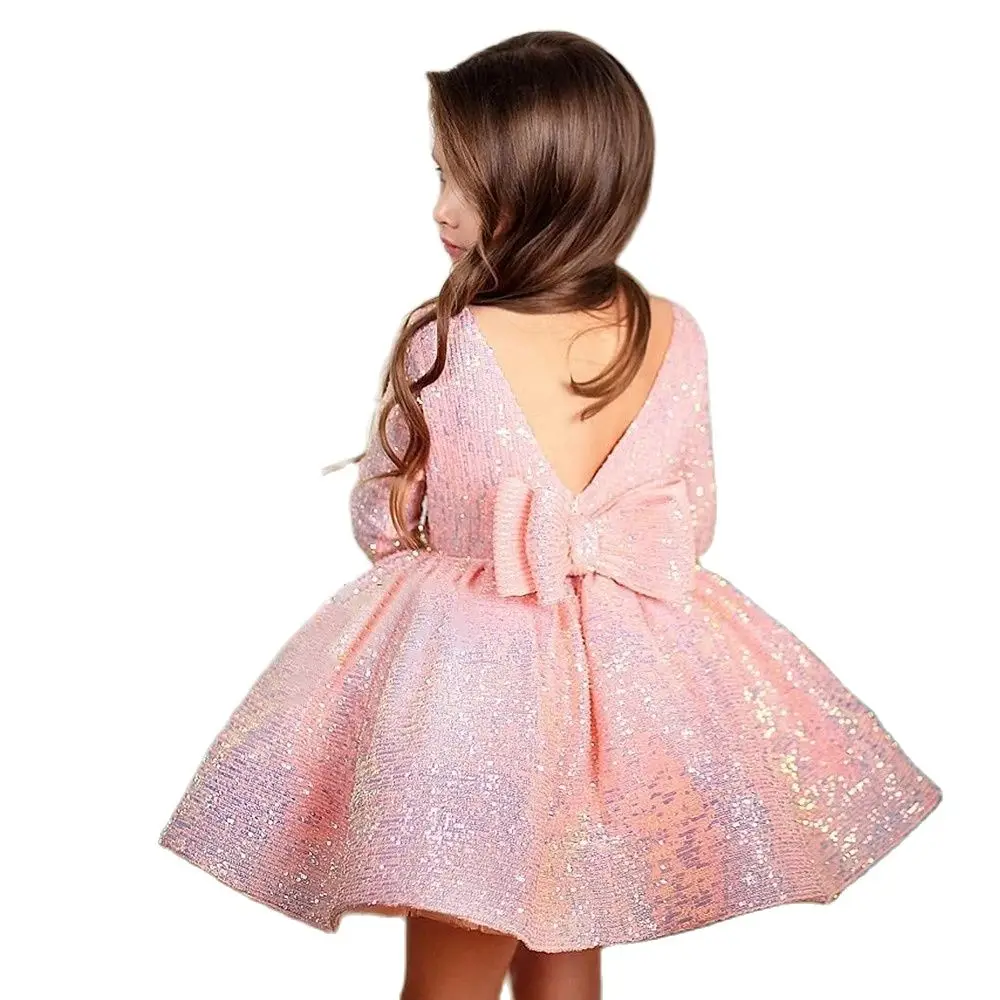 Pink Sequin Baby Girl Dress Lace Tulle Flower Girl Dresses Bow Long Sleeves First Communion Dress For Girl Birthday Kids Dresses