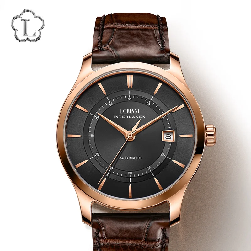 Часы LOBINNI механические водонепроницаемые мужские наручные часы с кожаным