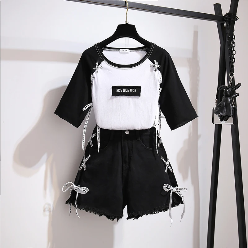 

2020 Summer korean two piece set women patchwork bandage T-shirt + side bandage denim shorts set for girt student black Suits