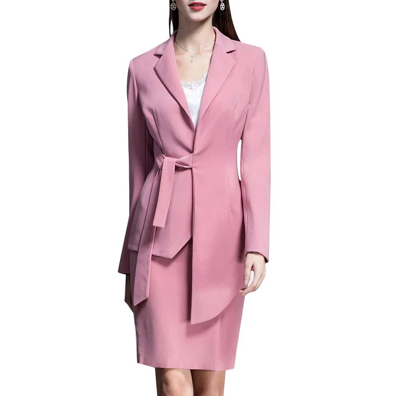 2020 new summer and autumn notched collar full sleeves pink color asymmetrical blazer and pants set Two pieces U872