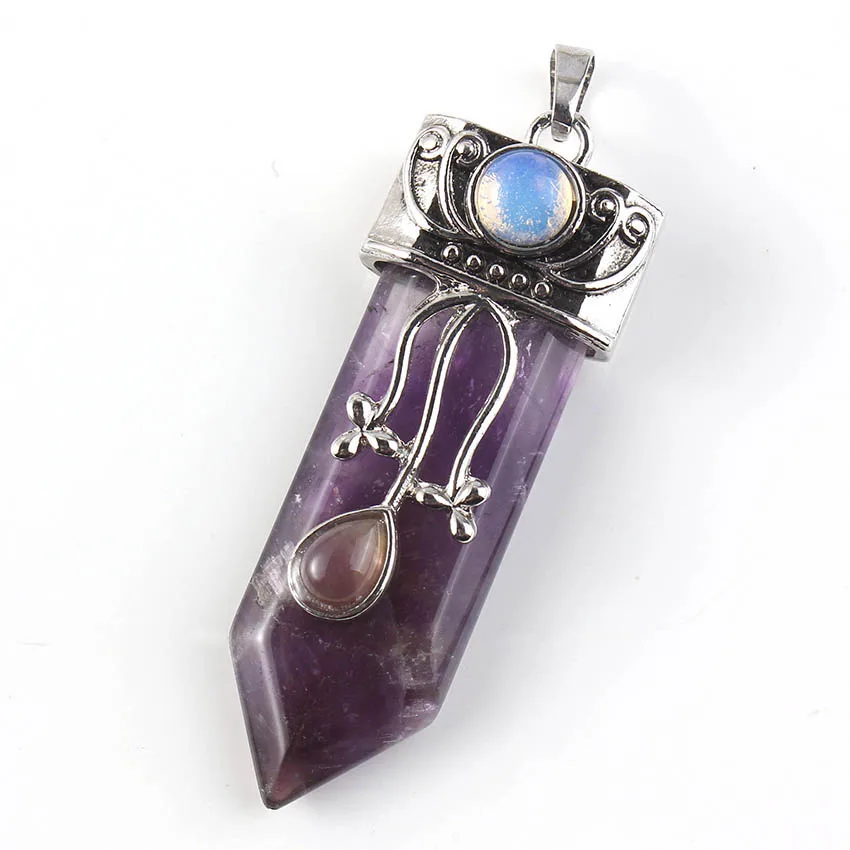 FYJS Unique Silver Plated Flower Sword Shape Amethysts Pendant Vintage Style Tiger Eye Stone Jewelry | Украшения и аксессуары