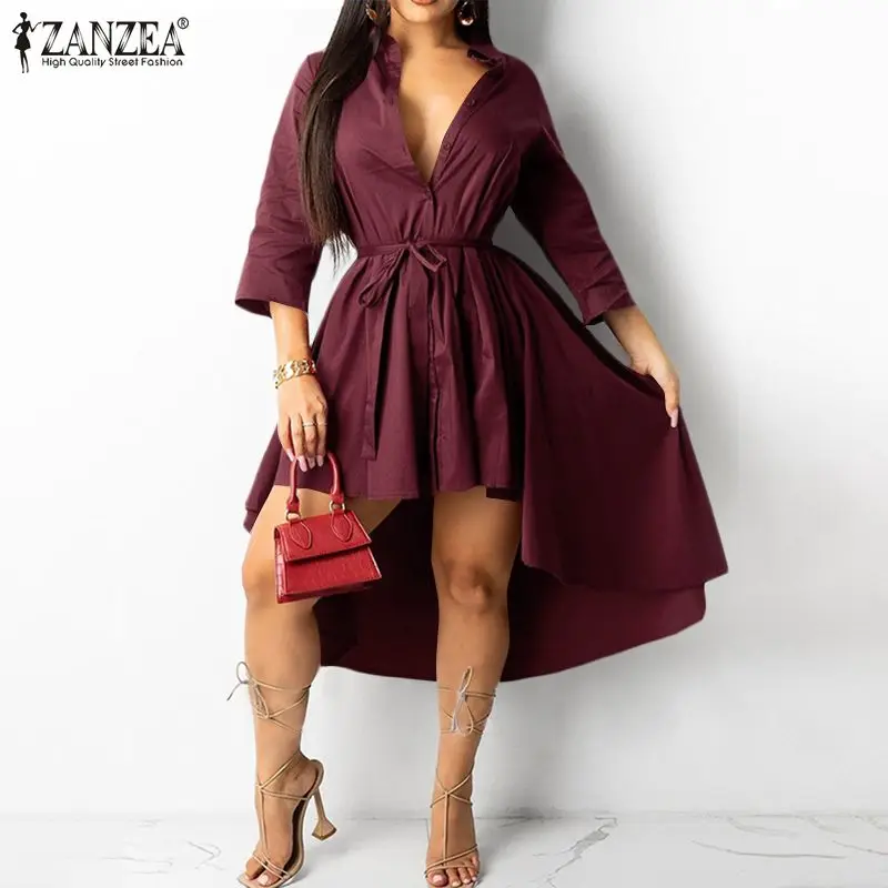 

ZANZEA Fashion Women Lapel Neck Long Sleeve Shirt Dress Casual Buttons High Low OL Vestidos Autumn Solid Asymmetrical Sundress