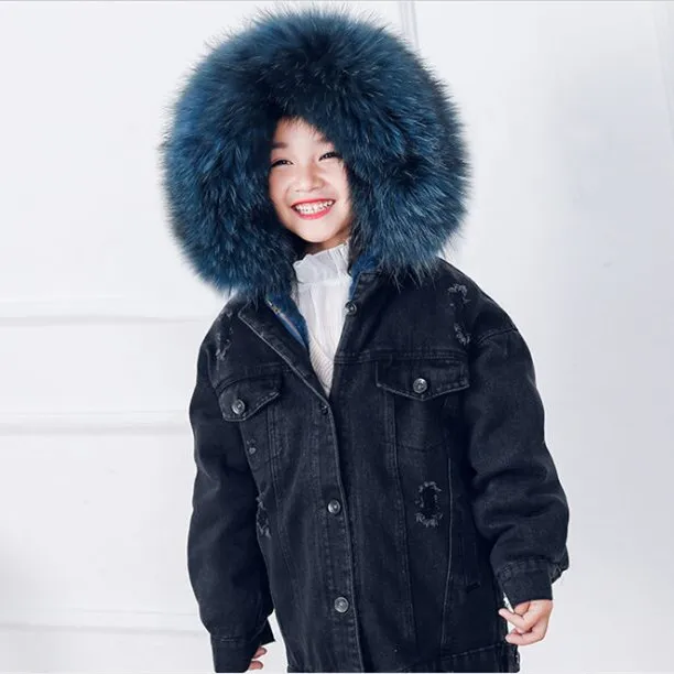 Джинсы для маленьких девочек натуральная зимняя розовая Меховая куртка малышей