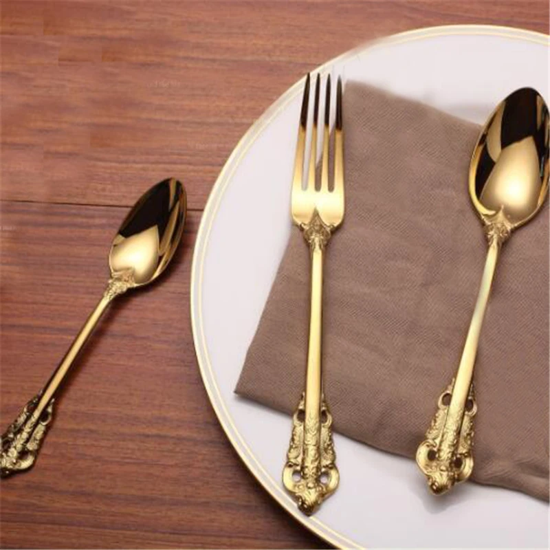 

Набор домашней посуды с тиснением под золото, в стиле ретро, ложка с длинной ручкой и вилки, чайная, кофейная ложка