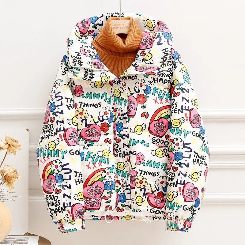 2021 new winter padded coat women's short padded coat printed loose bread coat thickening fashion student lovely down jacket
