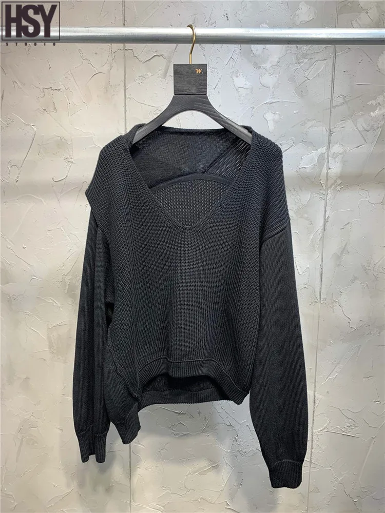 【HSY】2019 New Fashion Simplicity Women Sweater Long Sleeve V-neck Pure Color Baggy Pullover 2 Colors | Женская одежда