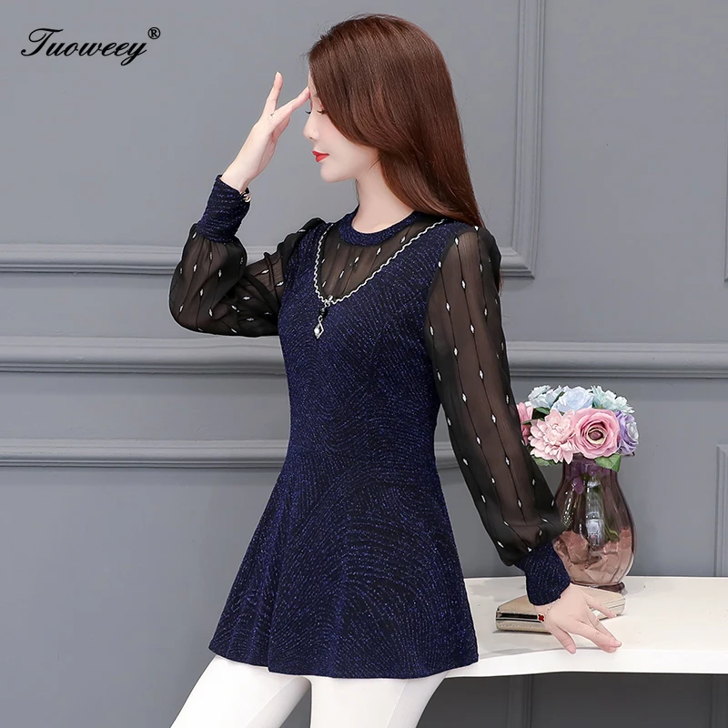 

Women Shirt Blouse 2020 O-neck Lace Hollow Out Top 4XL Long Sleeve plus size Patchwork Shirt Plus Size Feminino