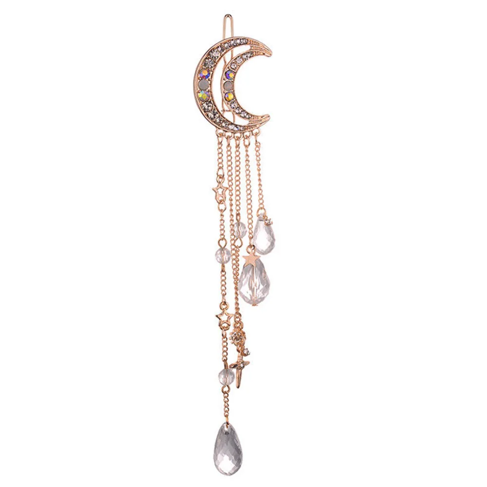 

Fashion Elegant Women Lady Moon Rhinestone Crystal Tassel Long Chain Beads Dangle Hairpin Hair Clip Hair Accessories Jewelry