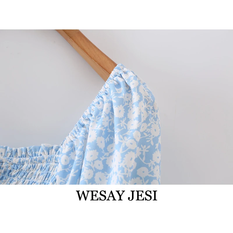 

WESAY JESI Fashion Summer Dress 2021 New Sweet Floral Print Fashion Square Neck Lace Pleated Mini Skirt Slim Retro Casual Dress