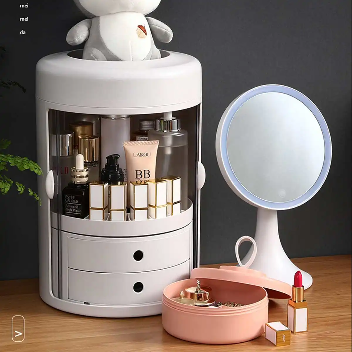 

360 Degree Rotating Makeup Storage Box Adjustable Cosmetic Organizer Rack Large Make Up Container Bathroom Desktop Storage Case